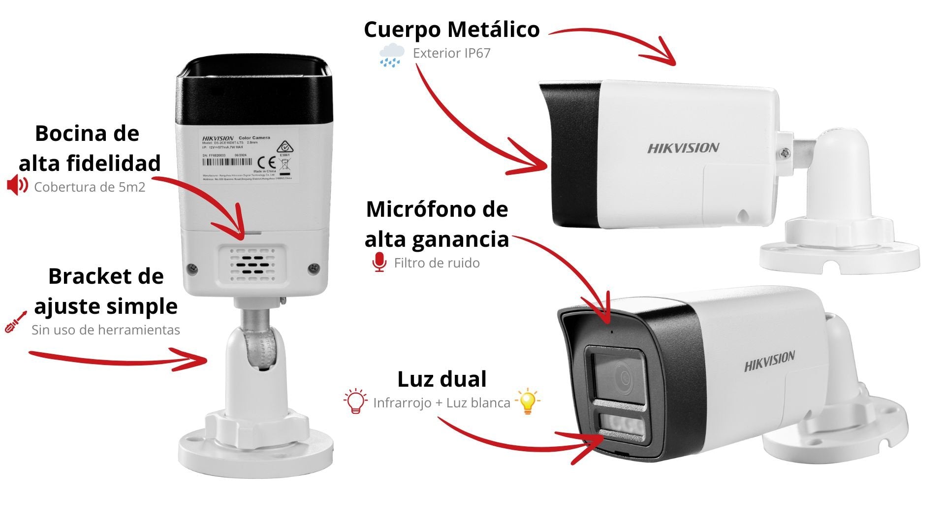 [Audio Bidireccional + Dual Light + ColorVu] Bala TURBOHD 2 Megapixel (1080p) / Lente 2.8 mm / 30 mts IR EXIR + 20 mts Luz Blanca / Micrófono y Bocina Integrado / Exterior IP67 / Metal / dWDR