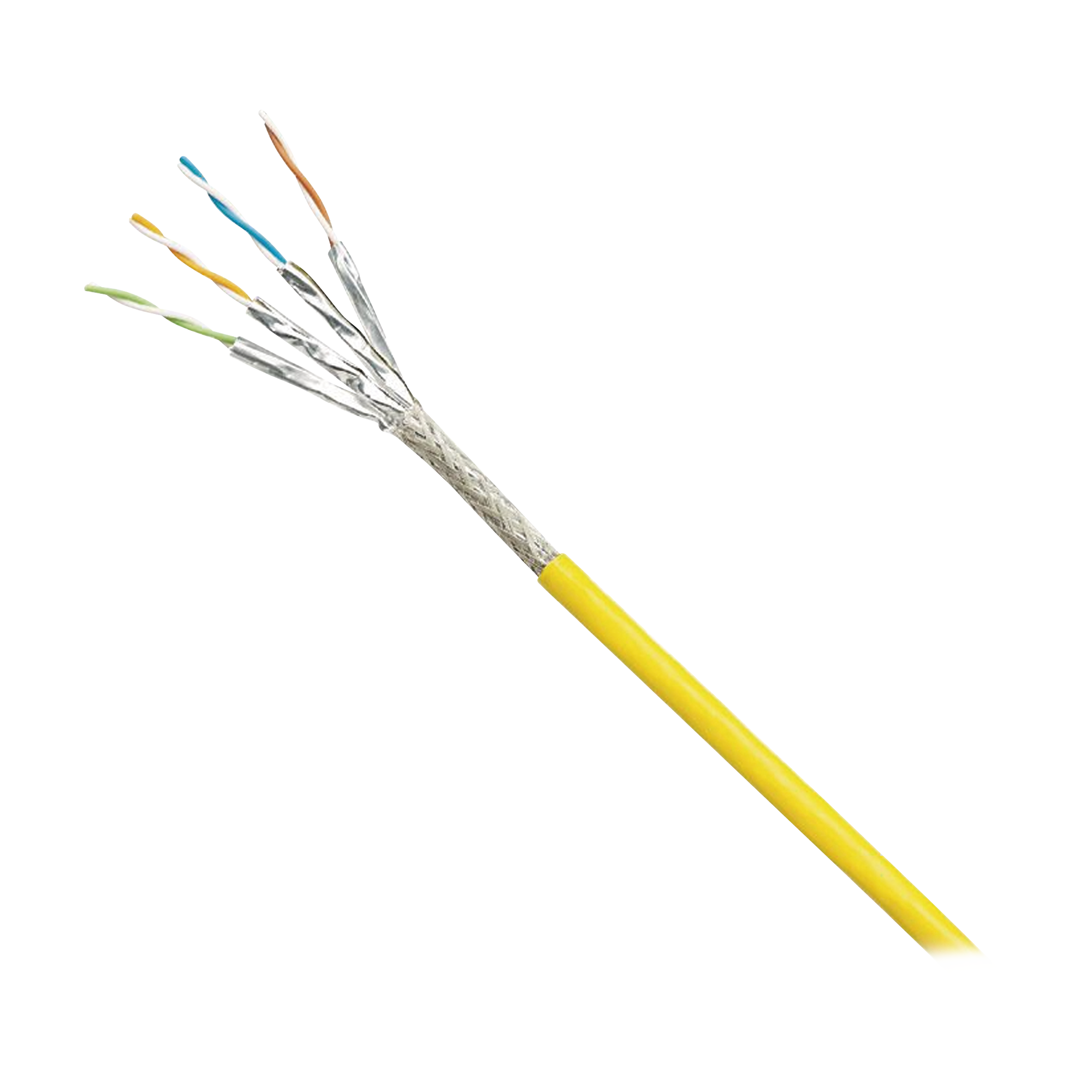 Bobina de Cable Blindado S/FTP Categoría 6A, Uso Industrial con Resistencia al Aceite, Rayos UV y Abrasión, Multifilar (Flexible), Color Amarillo, Bobina de 500m