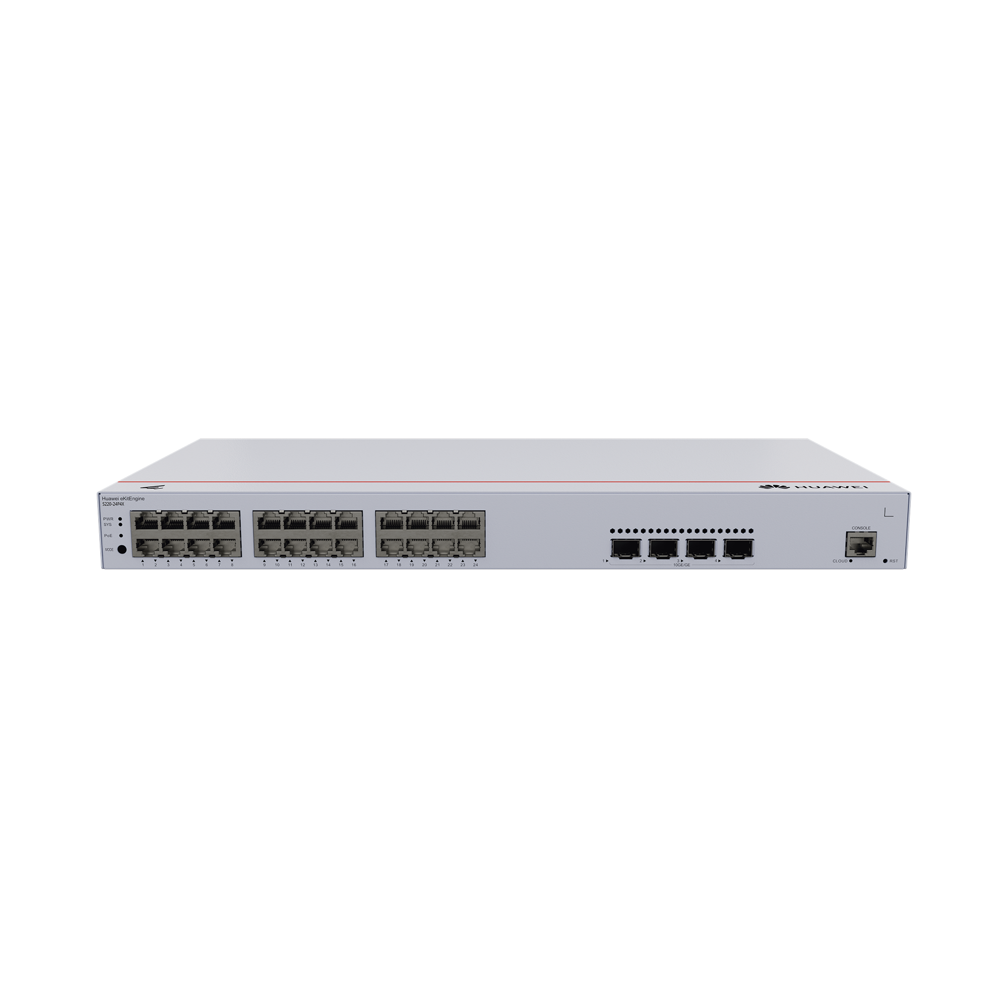 Switch de Acceso eKit Administrable / Capa 2 / 24 Puertos PoE+ Gigabit + 4 Puertos SFP+/SFP + Puerto de Consola / Poe Perpetuo / Presupuesto PoE 400 W / Sin Licenciamiento