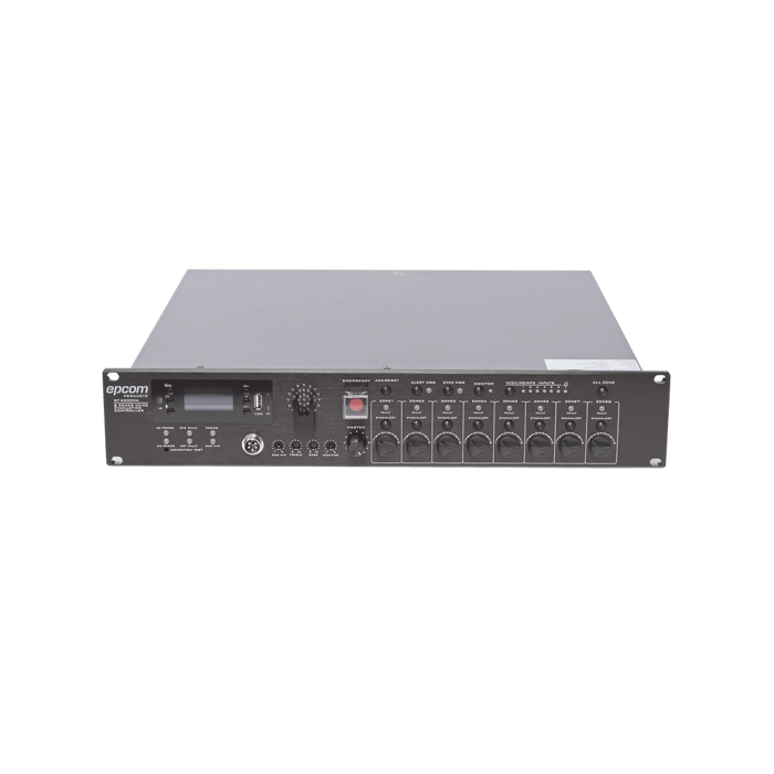 Controlador de Evacuación Por Voz | 500 W | 8 Zonas independientes | 4 entradas de audio y 2 entradas de micrófono